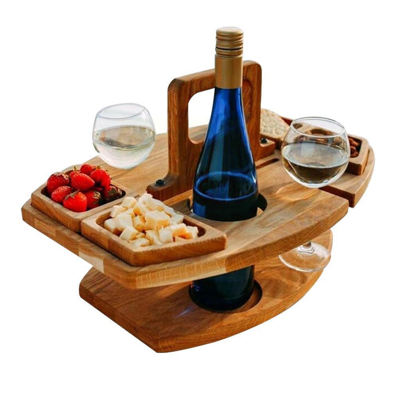 Mesa de madeira ao ar livre mesa de vinho dobrável mesa de piquenique com suporte de vidro mesa redonda rack de vidro de vinho mesa dobrável para festa de jardim